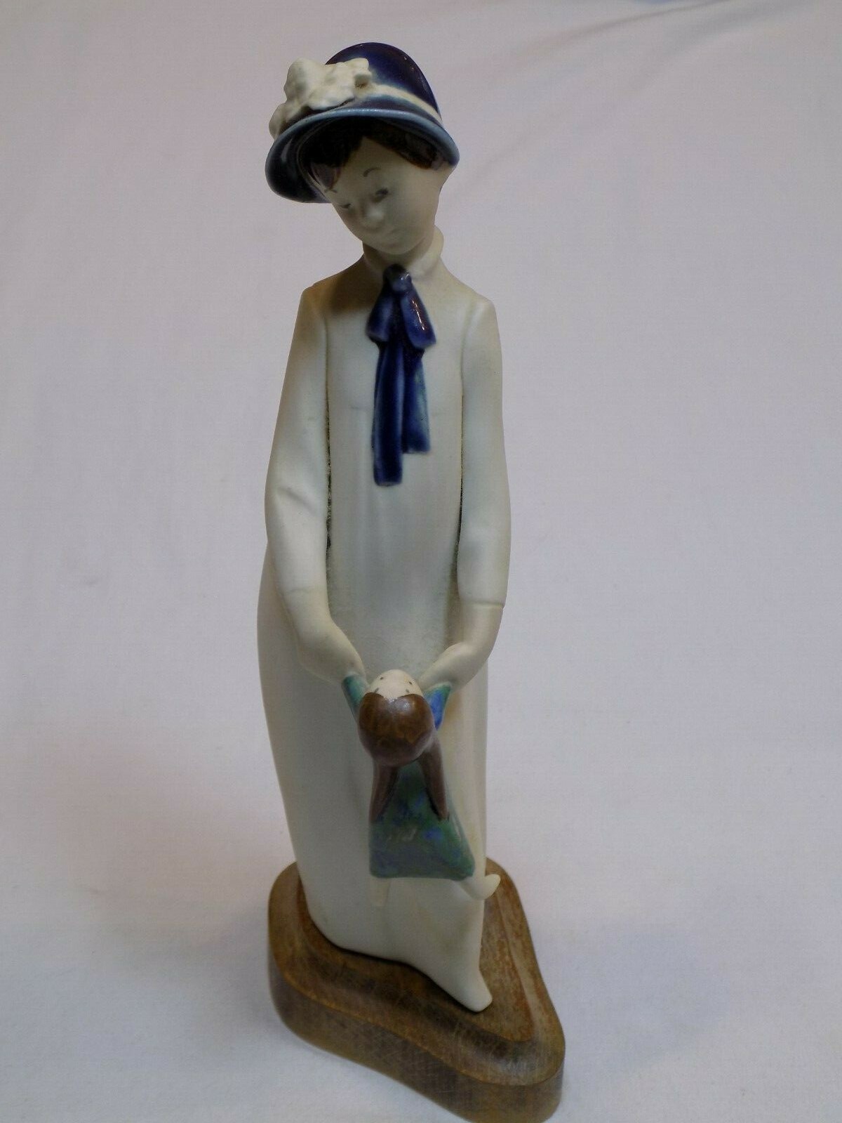Bisque Porcelain Glazed Women Holding Girl Swinging in Arm Vintage Old Wood Base