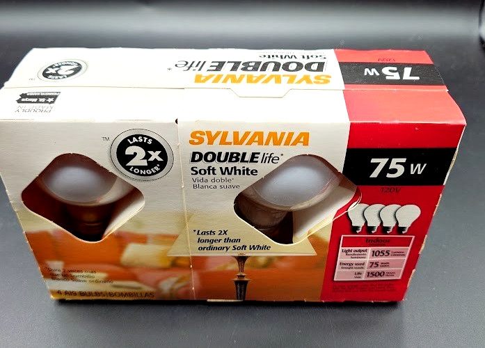 SYLVANIA Double Life Soft White A19 75W Light Bulbs 4-Pack Factory Sealed Box