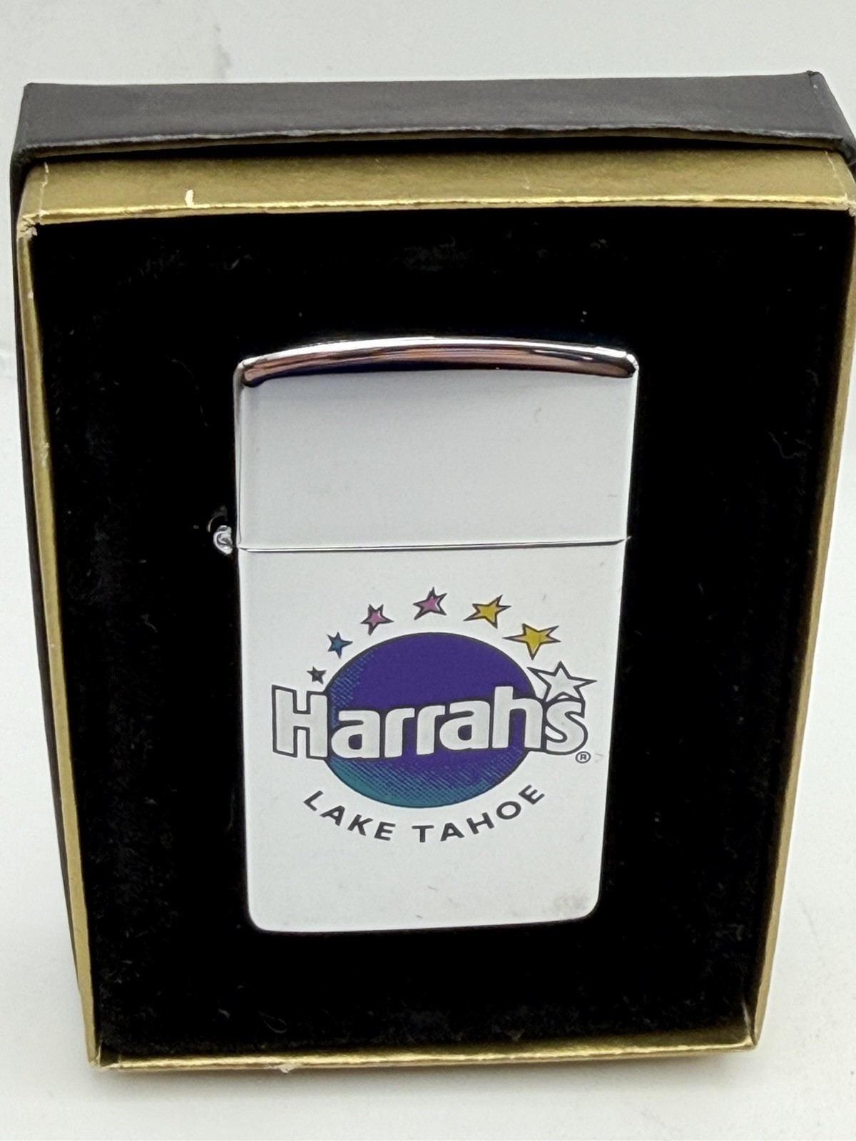 Vintage 1996 Harrah’s Lake Tahoe High Polish Chrome Slim Zippo Lighter B34