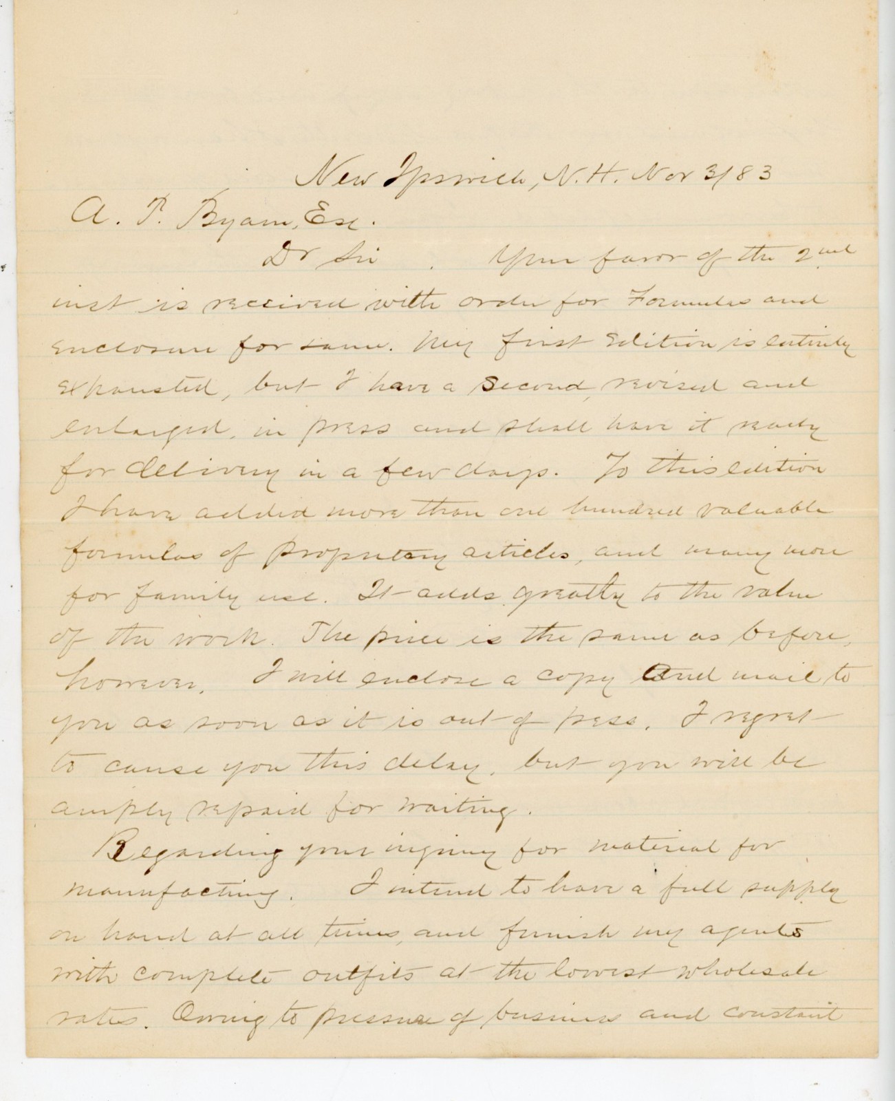 1883 Handwritten Business Letter New Ipswich NH Formulas Signed SA Thayer