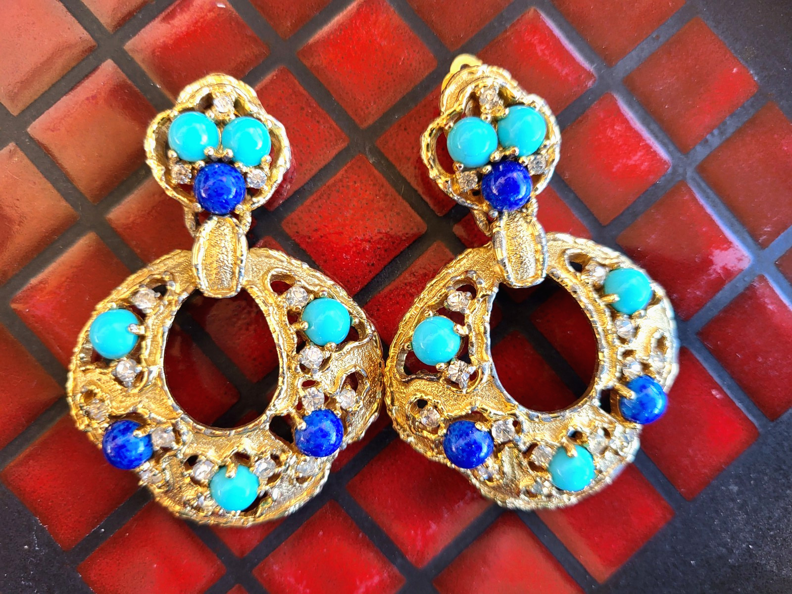 Rare JOMAZ Jewels of India XL Clip Earrings Faux Turquoise Lapis R/stn  Hvy 50g+