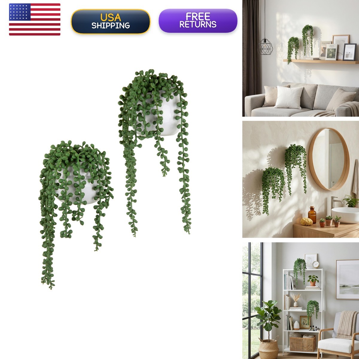 MyGift Faux String of Pearls Plants White Ceramic Wall Planter Set of 3