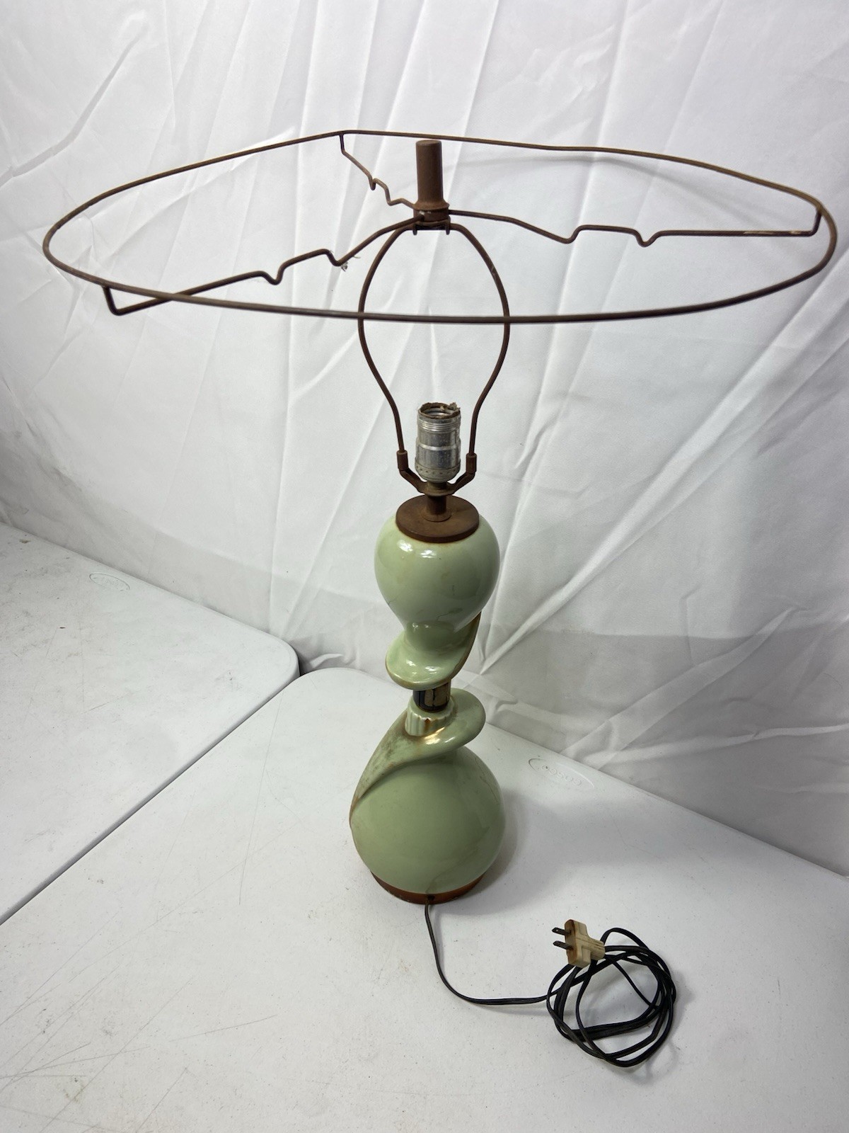 MCM Hollywood Regency  Art Deco Ceramic Table Lamp Green Gold - Rare Vintage