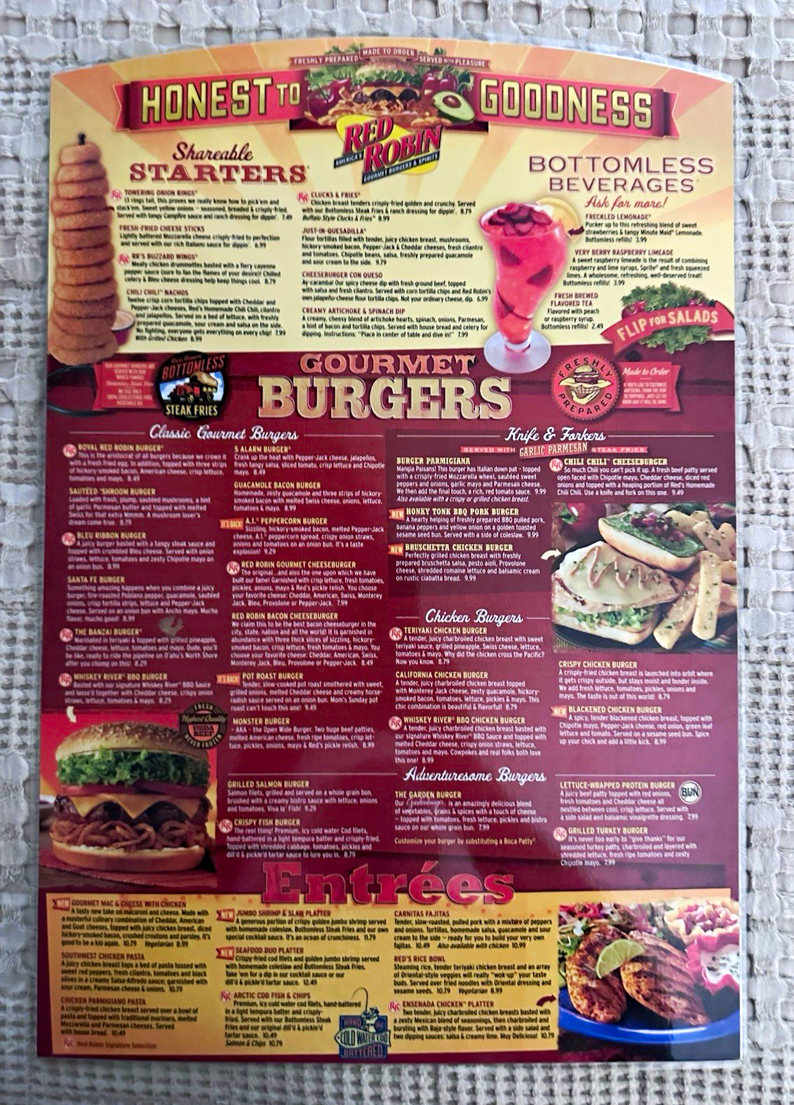 Vintage Red Robin Restaurant Menu Flyer - Bottomless Beverages Gourmet Burgers 