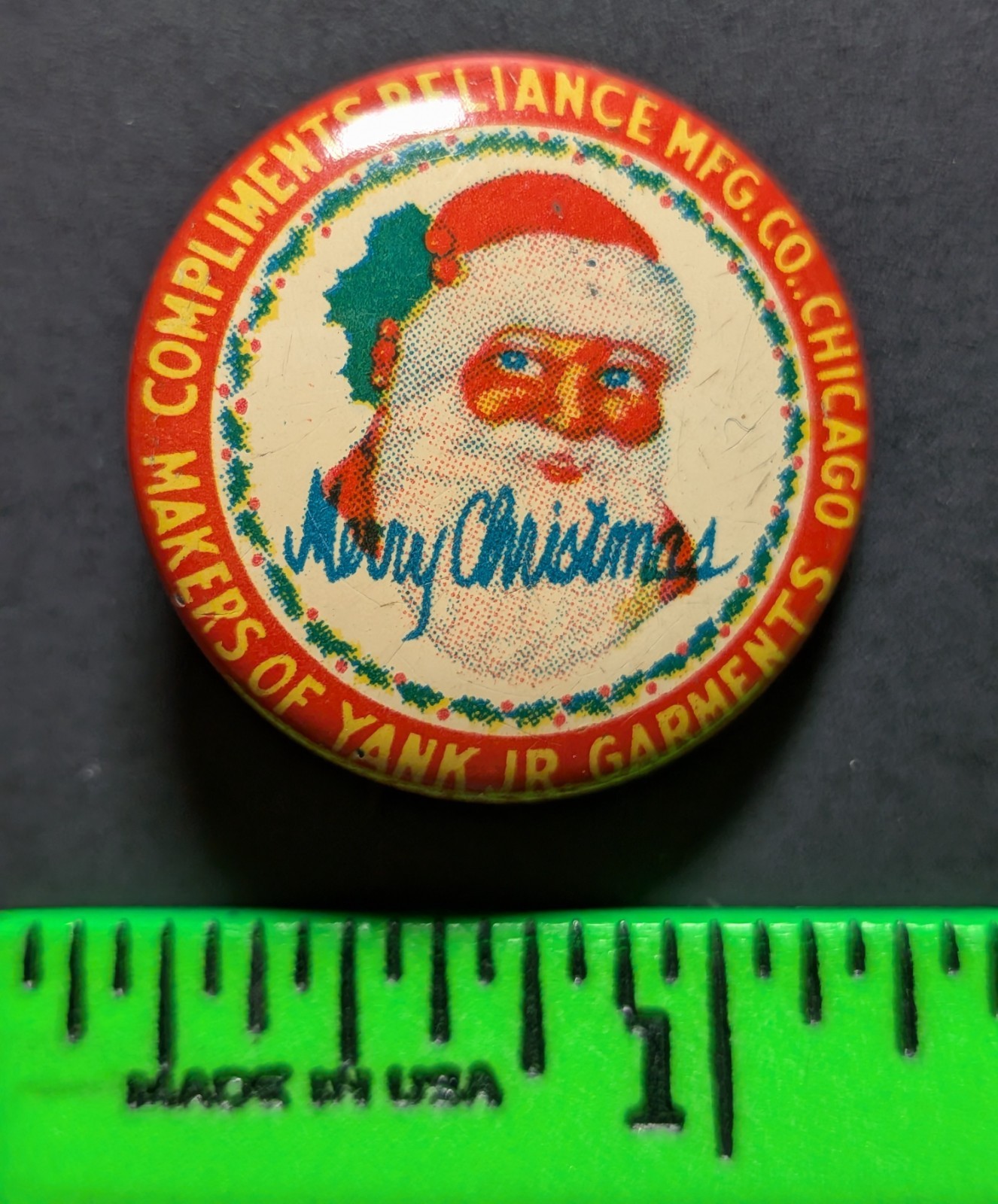 Vintage Reliance Company Garments Merry Christmas Santa Pinback Pin Vintage Reliance Company Garments Merry Christmas Santa Pinback Pin