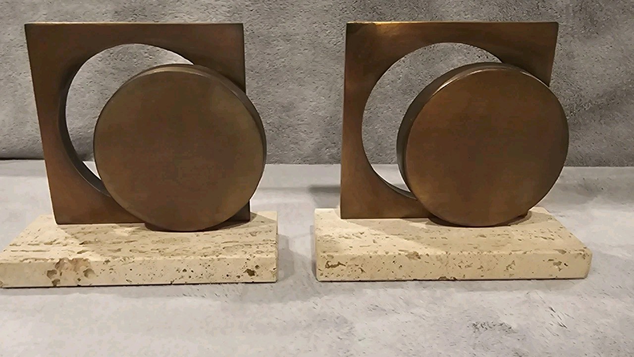 Vintage 1971 William Macowski Bookends MCM Brutalist Architectural Travertine