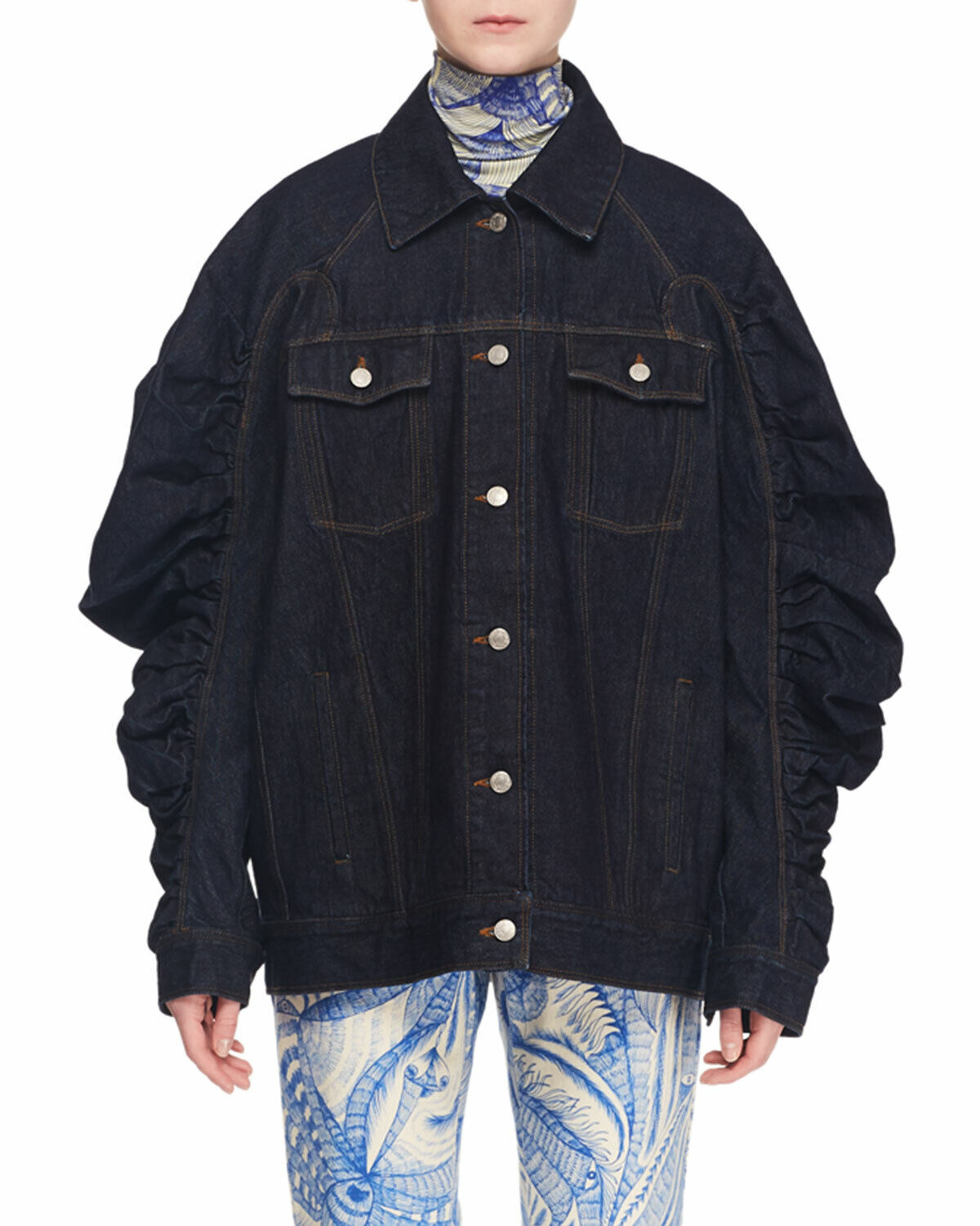 DRIES VAN NOTEN ruched-sleeve oversized denim jean jacket coat M 40 bergdorf