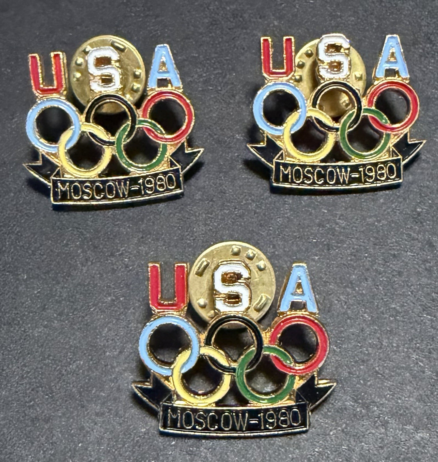 3 ORIGINAL USA OLYMPIC PINS 1980 MOSCOW SUMMER OLYMPICS BOYCOTT NEVER ISSUED