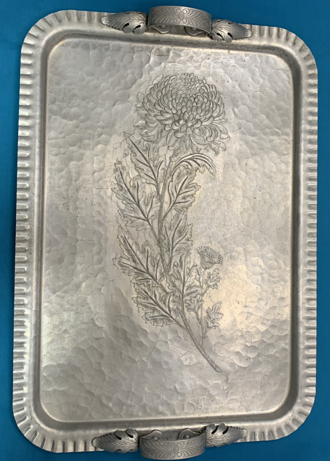 Trade Continental Hand Wrought 674 Chrysanthemum Aluminum Tray, leaf handles