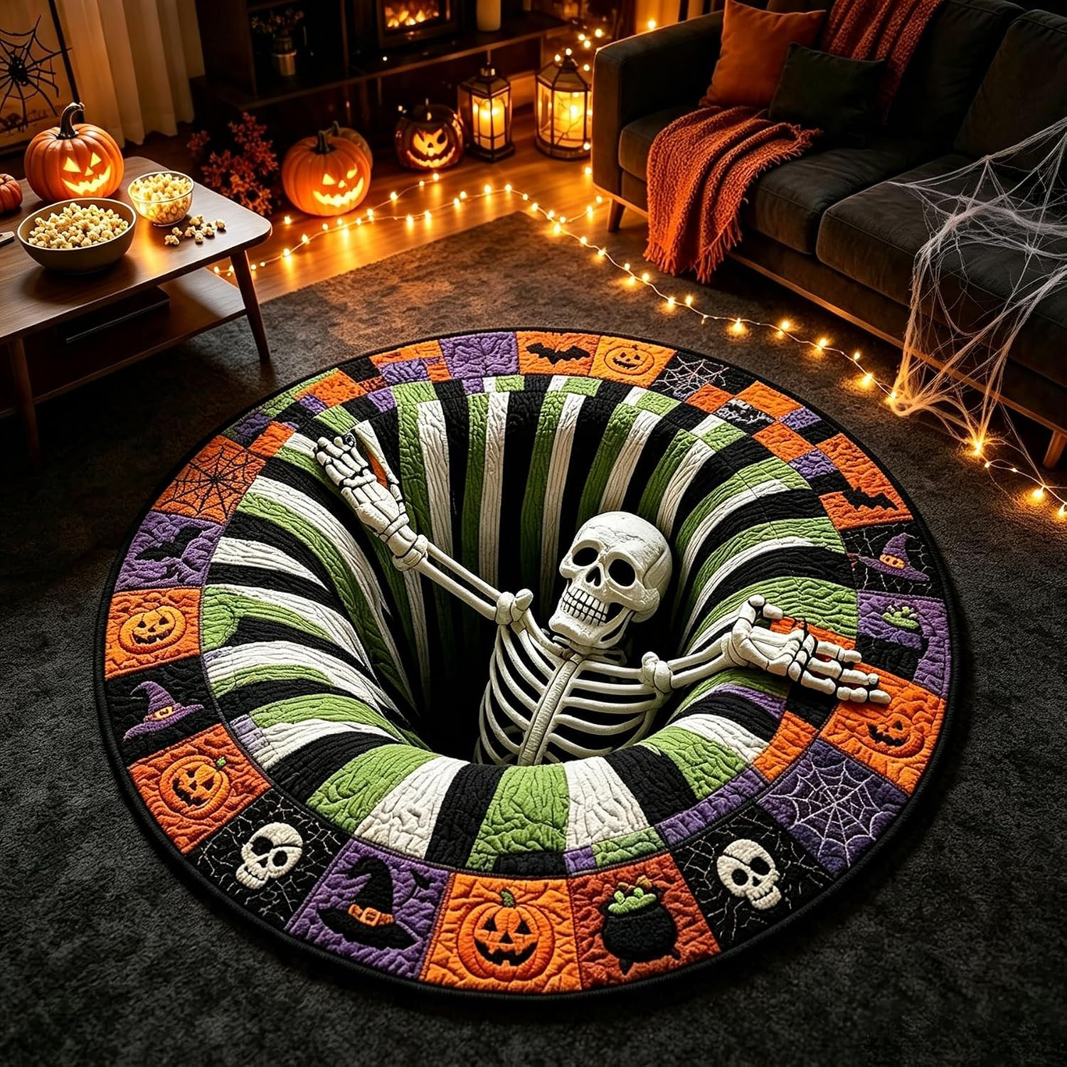 3D Halloween Optical Illusion Rug, Skeleton Ghost Pumpkin Pattern,24in
