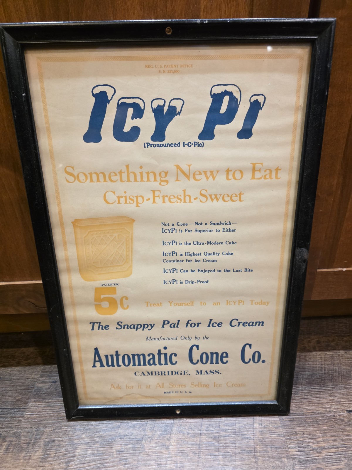 Vtg Original 1920s ICY PI Ice Cream Sign Framed Automatic Cone Co Cambridge MA