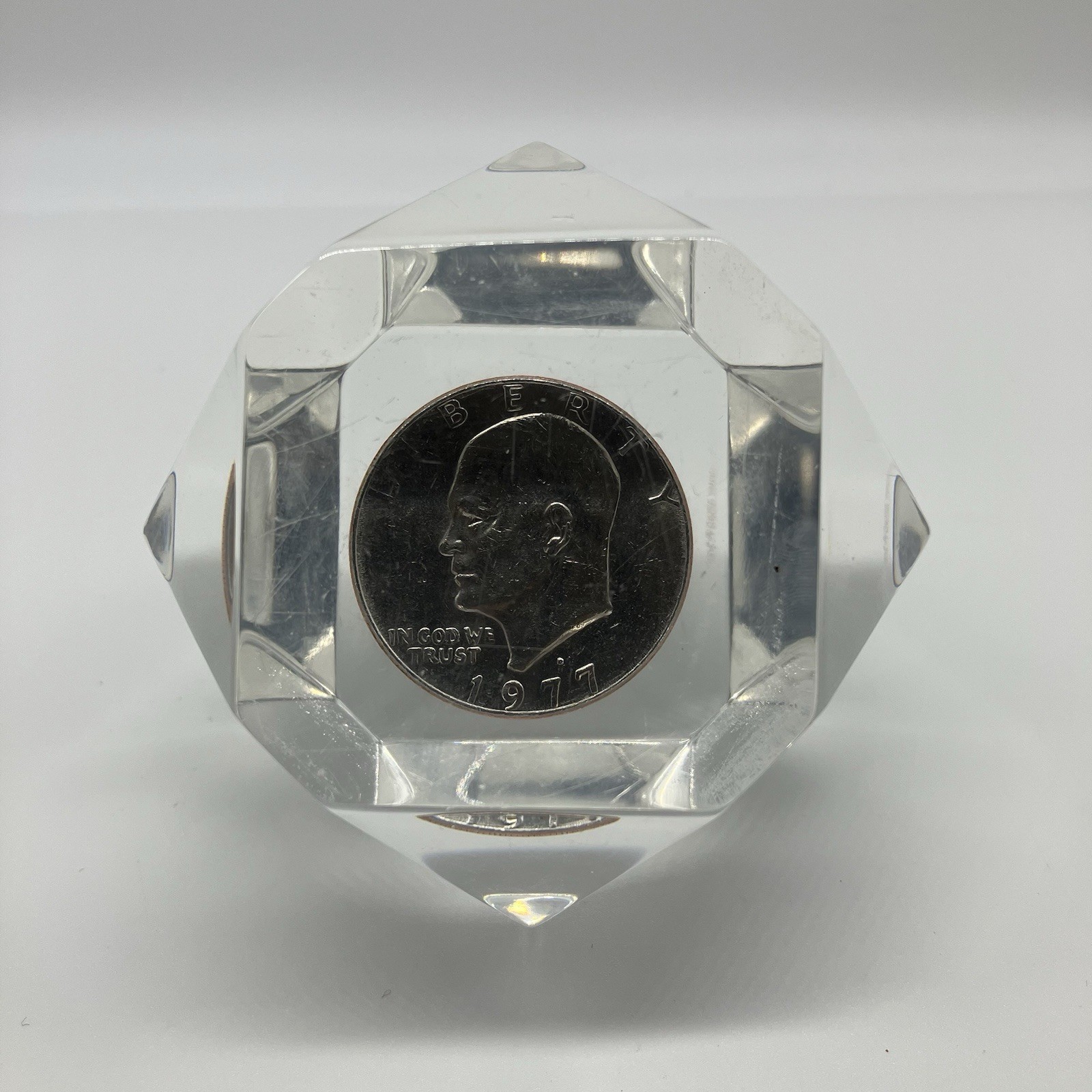Vintage Eisenhower Dollar 1977 Coin in Diamond Acrylic Paperweight - W19