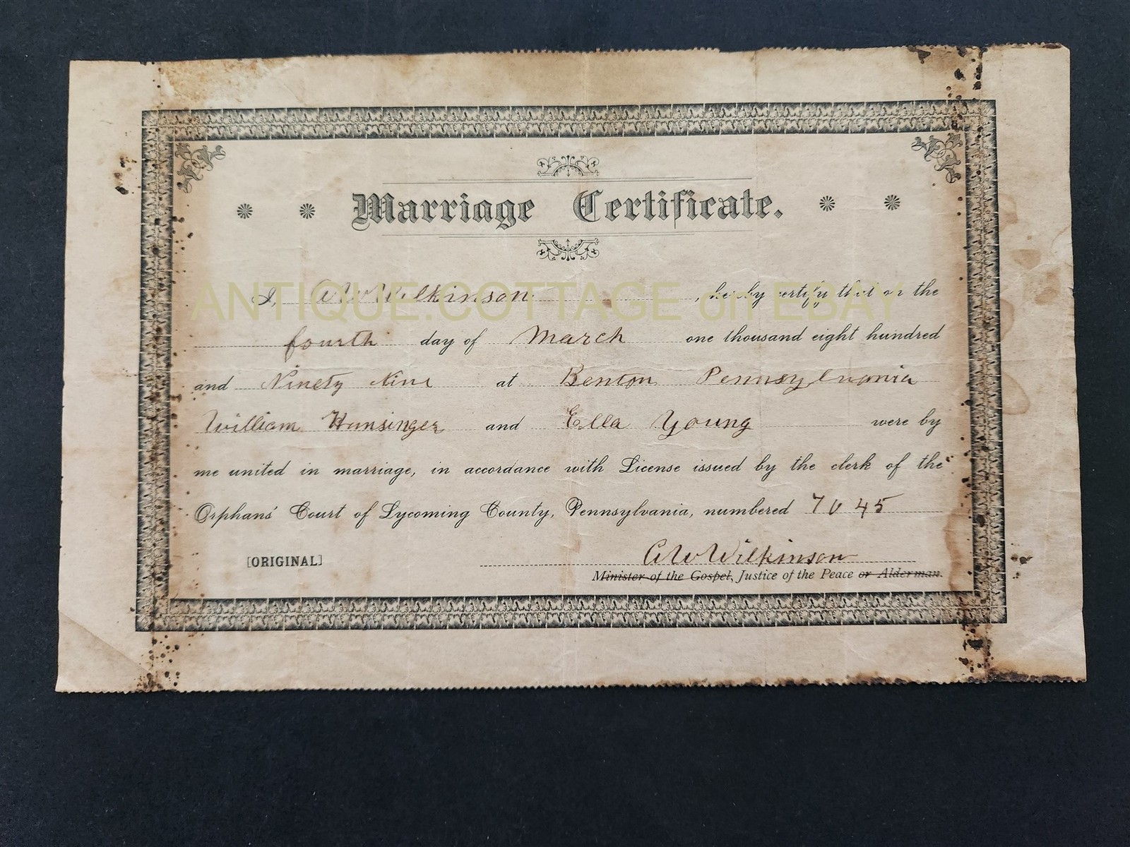 1899 antique MARRIAGE CERTIFICATE kenton pa Wm HUNSINGER Ella YOUNG wilkinson