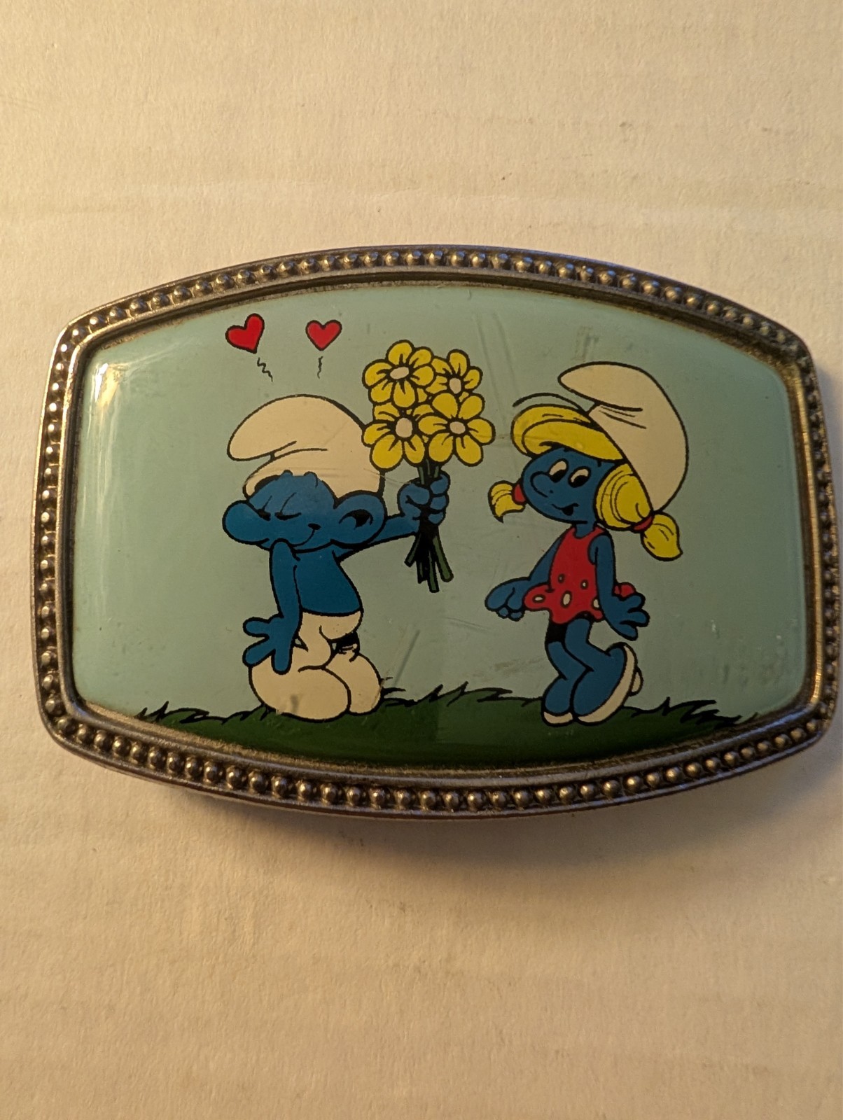 Vintage 1980s Smurfs Smurfette Metal Belt Buckle Peyo Flower Hearts Cartoon VTG