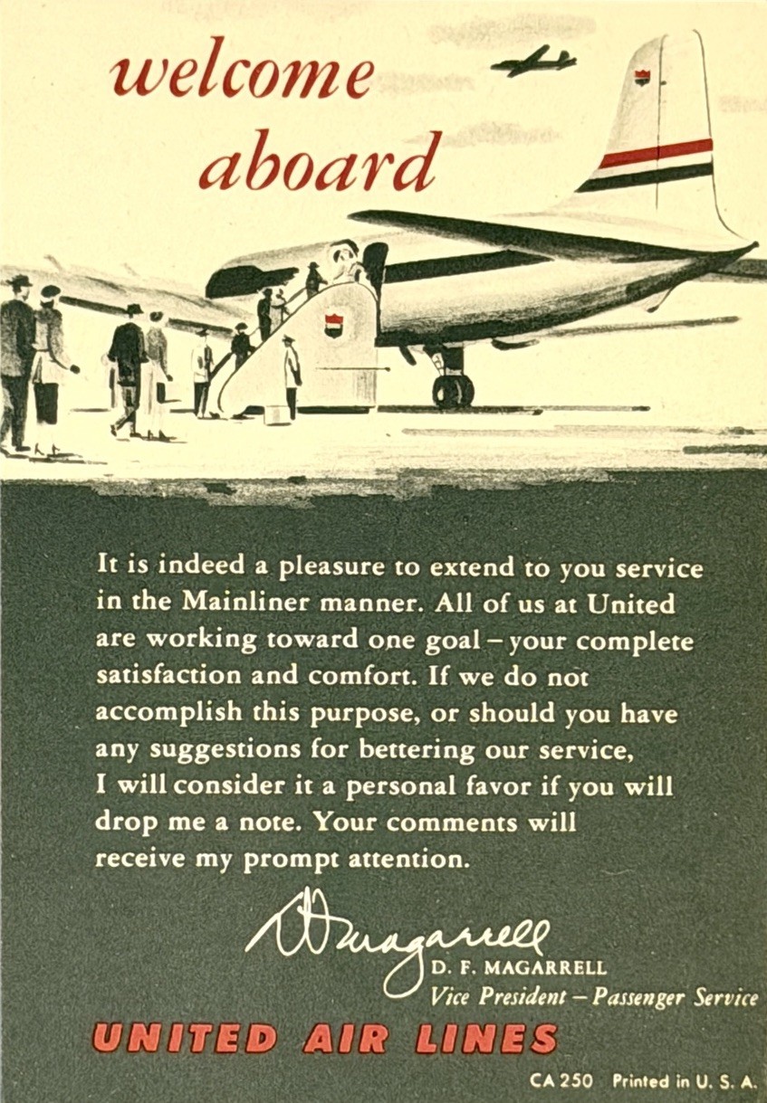 Vintage United Airlines Welcome Aboard Comment Card Mainliner Aviation