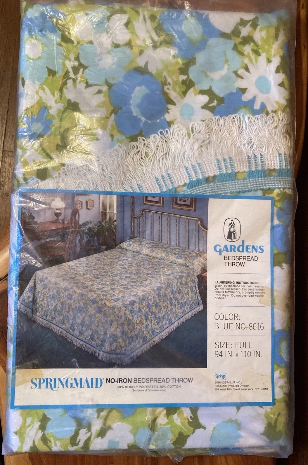 Vtg Full Bedspread 1960s 1970s Springmaid Blue GARDENS Fringe Mid Mod MCM NEW