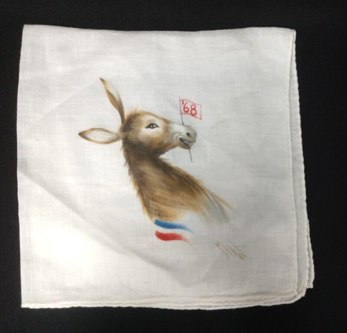 HAND PAINTED Democratic Party Donkey HANDKERCHIEF 1968 Signed MW Democrat VTG