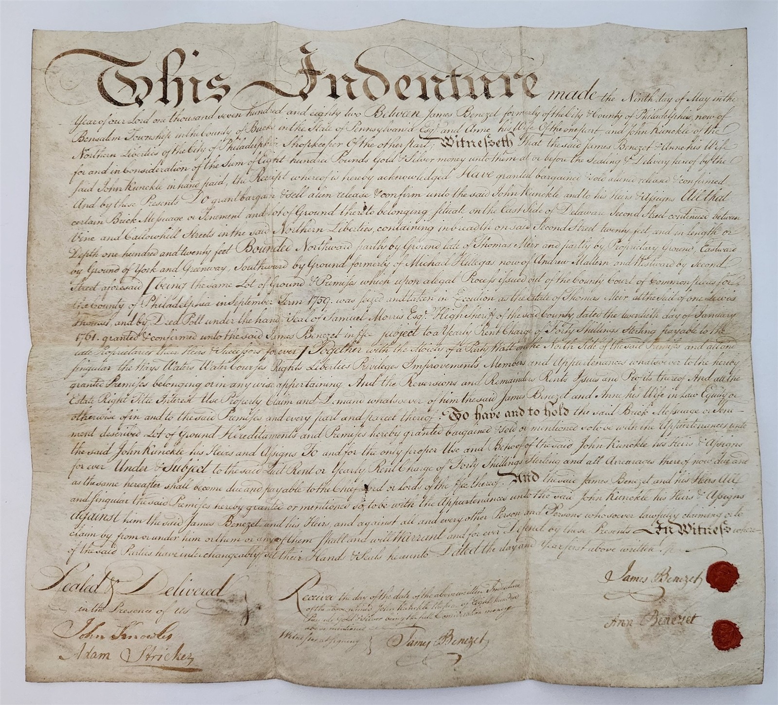 1782 antique DEED phila pa NORTHERN LIBERTIES BENEZEL to KUNCKLE john penn endor