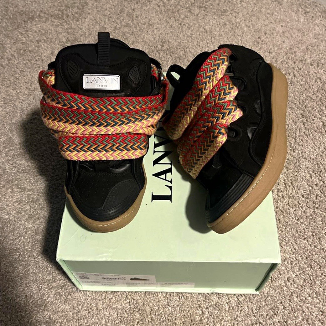 Lanvin Men’s Black Leather Sneakers Chevron Multicolor Laces Gum Sole US 9