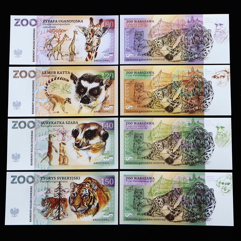 New Warsaw Zoo, Poland 4pcs, 120 140 150 180 notes, Private Polymer  /unc