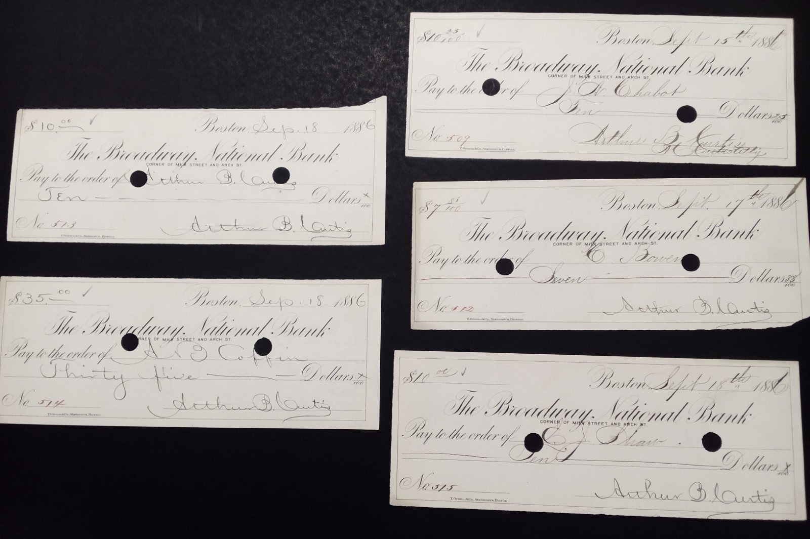 1886 The Broadway National Bank Checks (5)-Antique-FREE SHIPPING