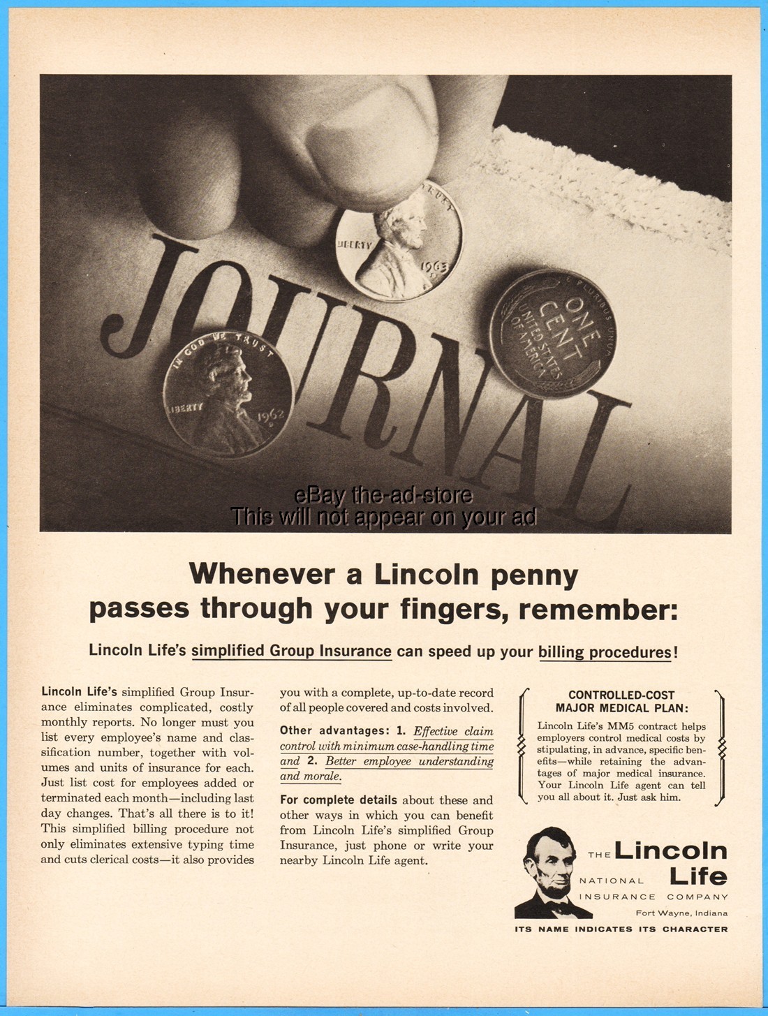 1964 Lincoln Life Insurance Fort Wayne IN 1963-D 1962-D Wheat Penny Vtg Photo Ad