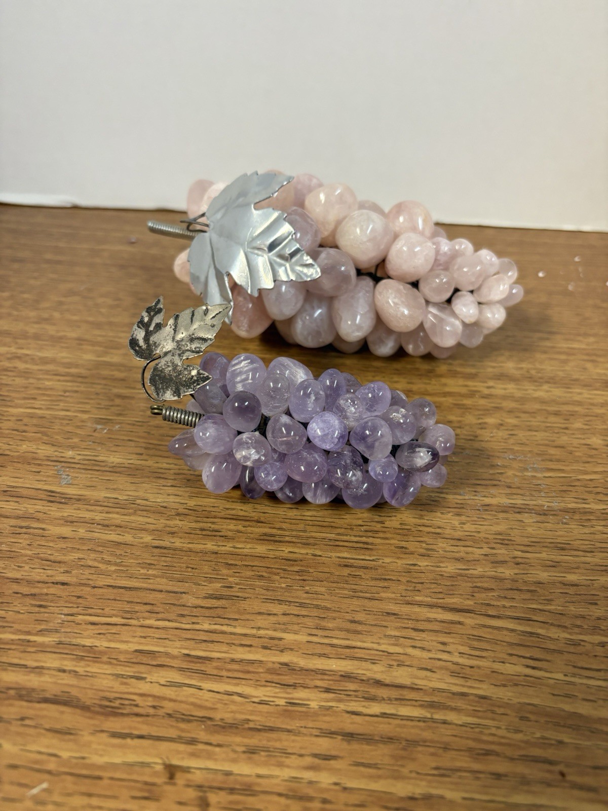 Rose Quartz And Purple Amethyst Polished Stone Grape Clusters With Silver Leaves