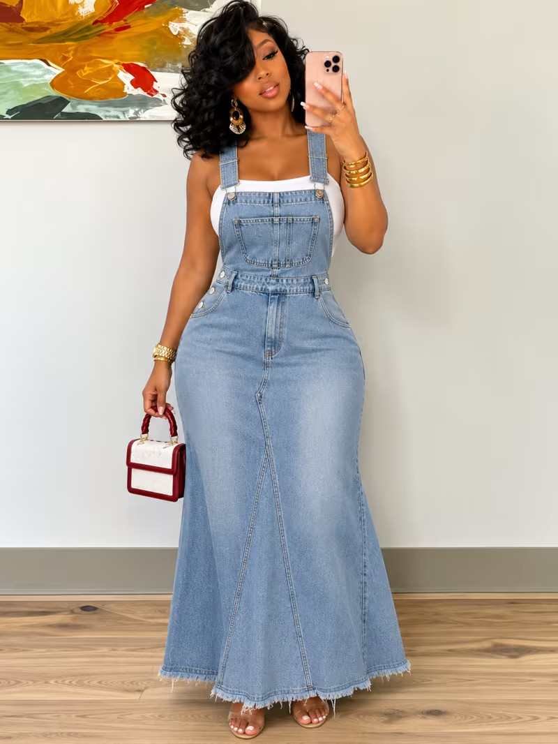 Plus Size Women\'s Blue Stretch Denim Suspender Maxi Dress Raw Hem 2XL 4XL 5XL 