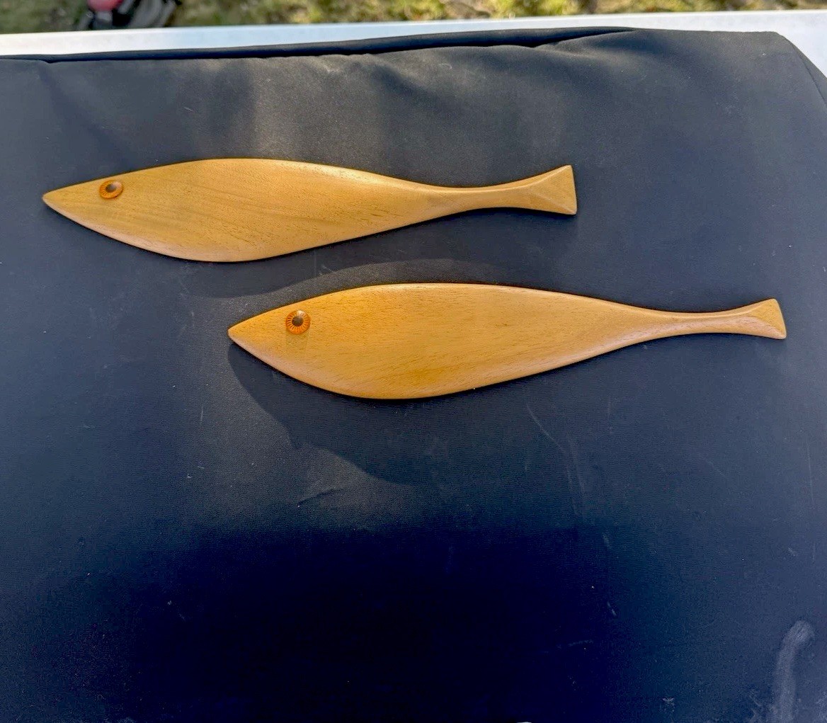 Vintage Mid Century Modern Teak / Walnut Wooden Fish Wall Art / Set Of Two