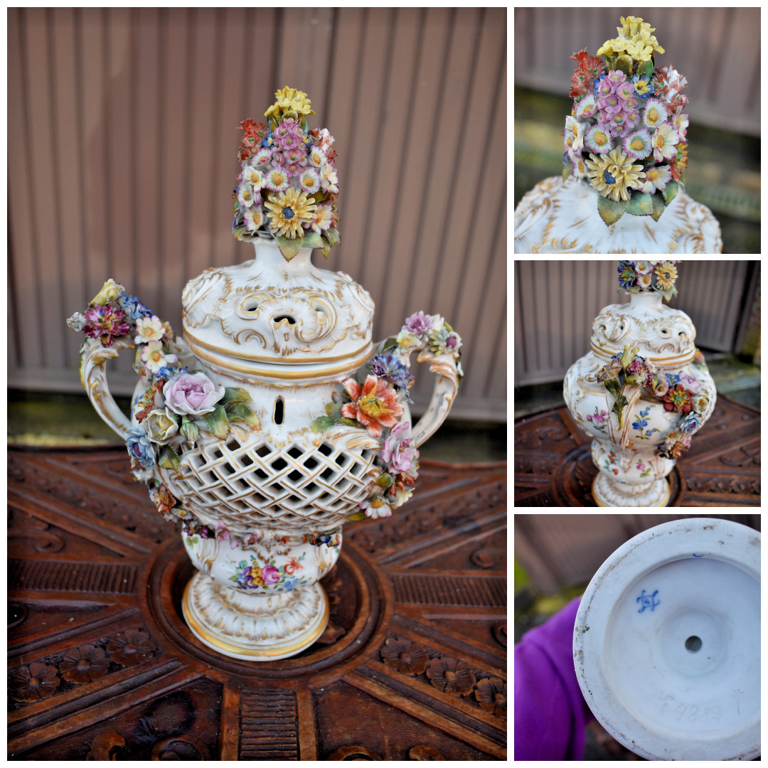 Antique porcelain Potpourri vase relief floral decor attr. jacob petit sevres