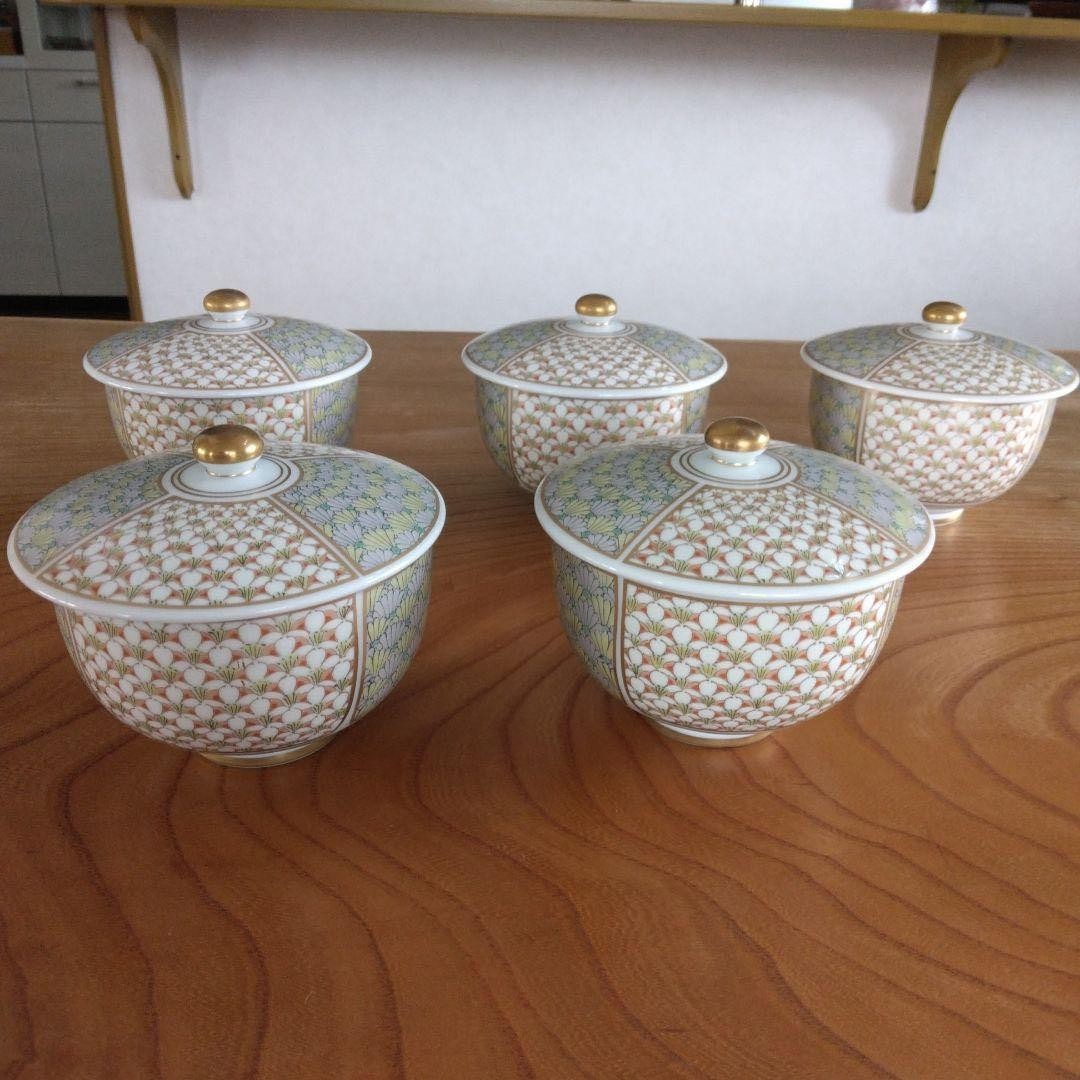 Japanese Fukagawa Seiji Plum Chrysanthemum Lidded Yunomi Cups Set 5 Unused