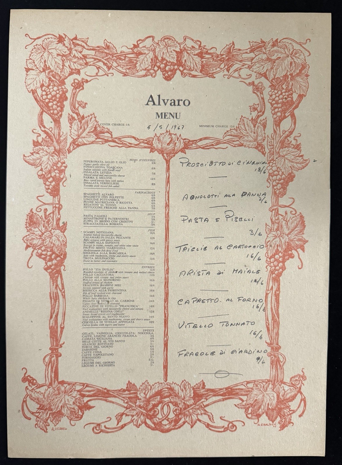 Vintage Alvaro London Italian Restaurant Menu 1967 Recipe Culinary Ephemera