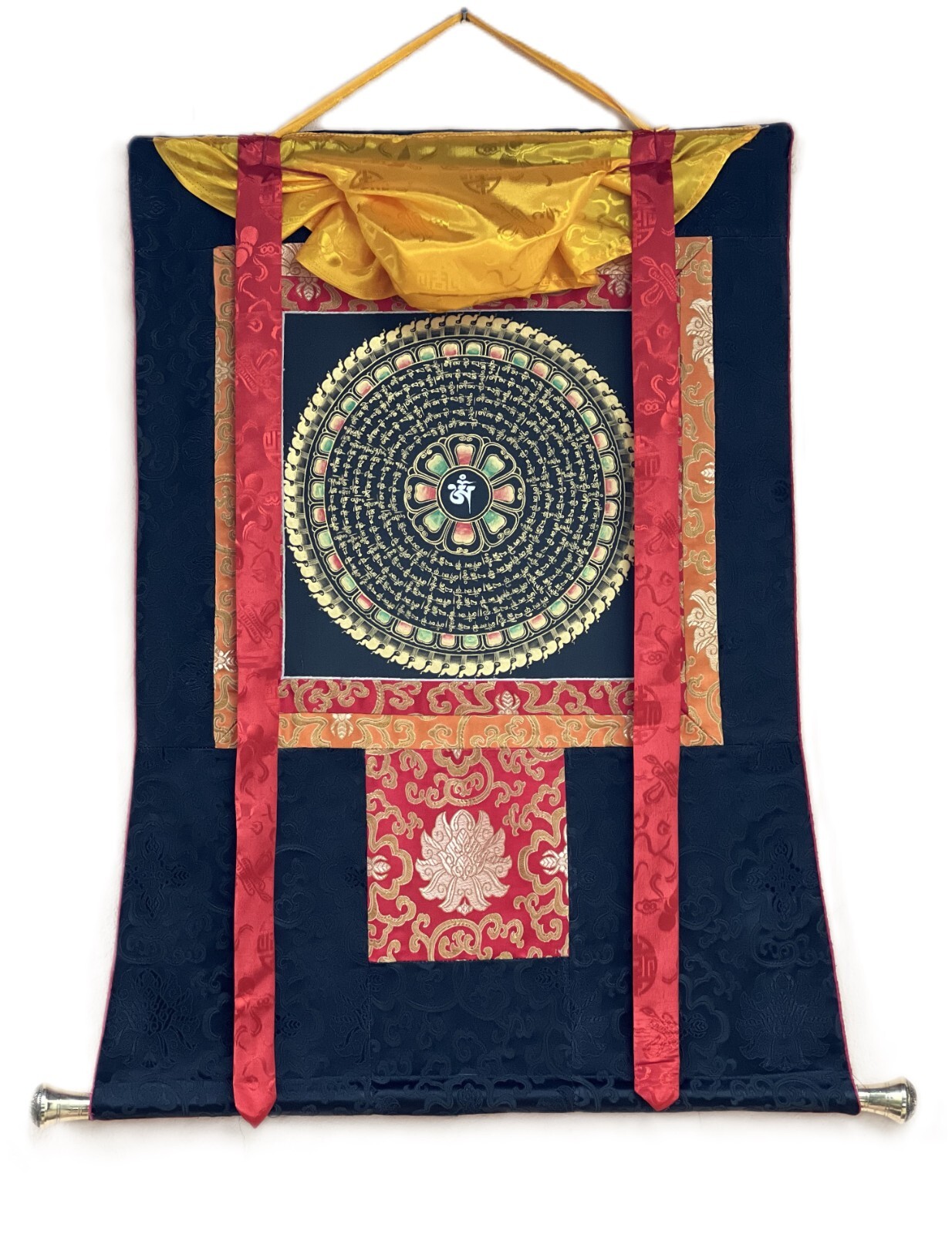 OM MANTRA MANDALA ORIGINAL BLACK N GOLD TIBETAN THANGKA PAINTING WITH SILK FRAME