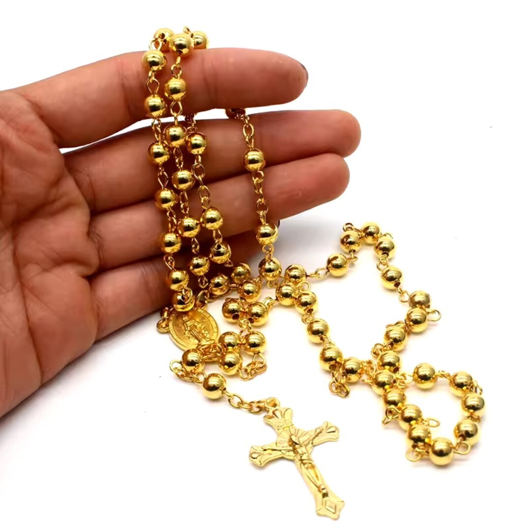18k Gold Plated Rosary Necklace Virgin Mary Crusifix Prayer beads Religious