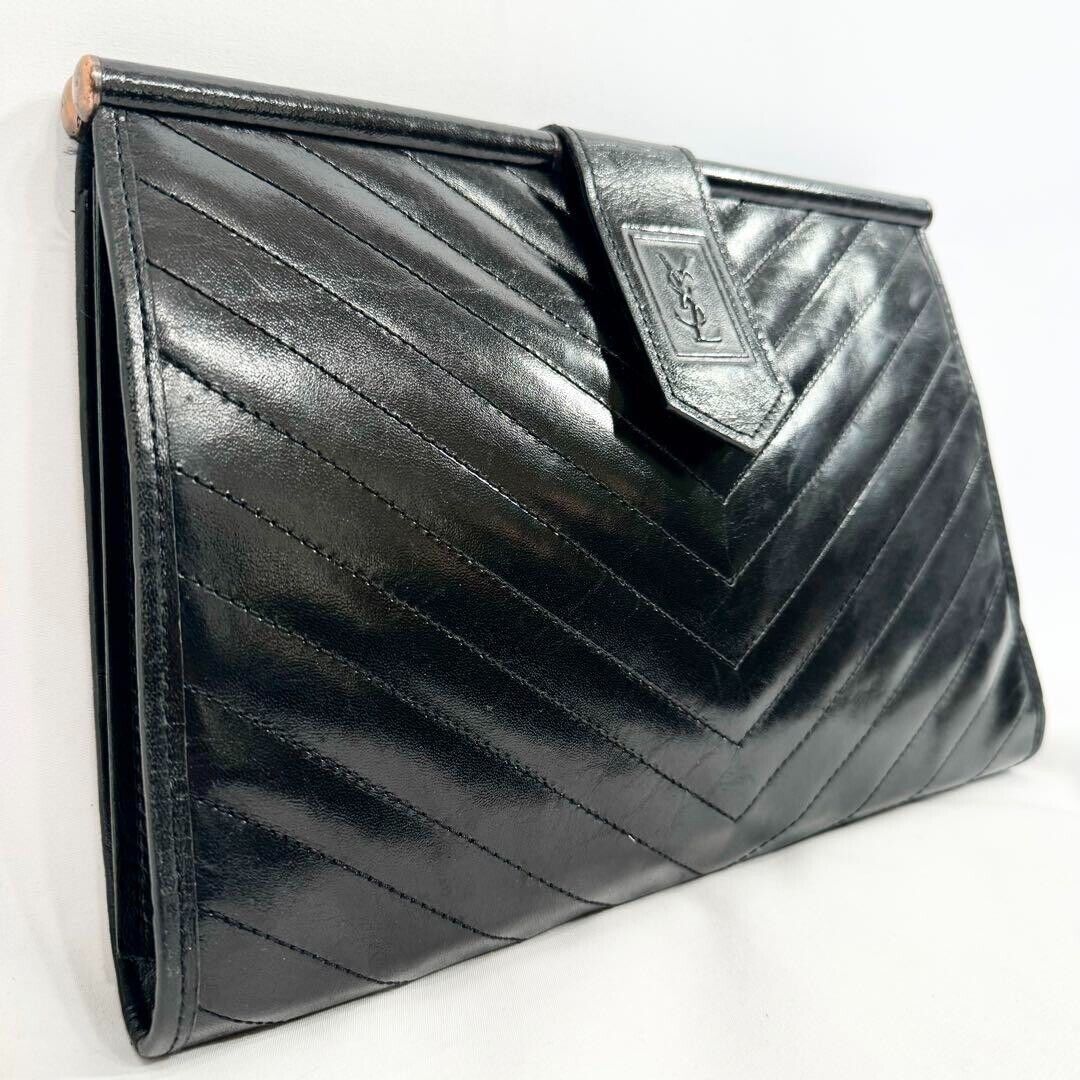 Yves Saint Laurent Clutch Bag Handbag Black Vintage Chevron YSL Leather
