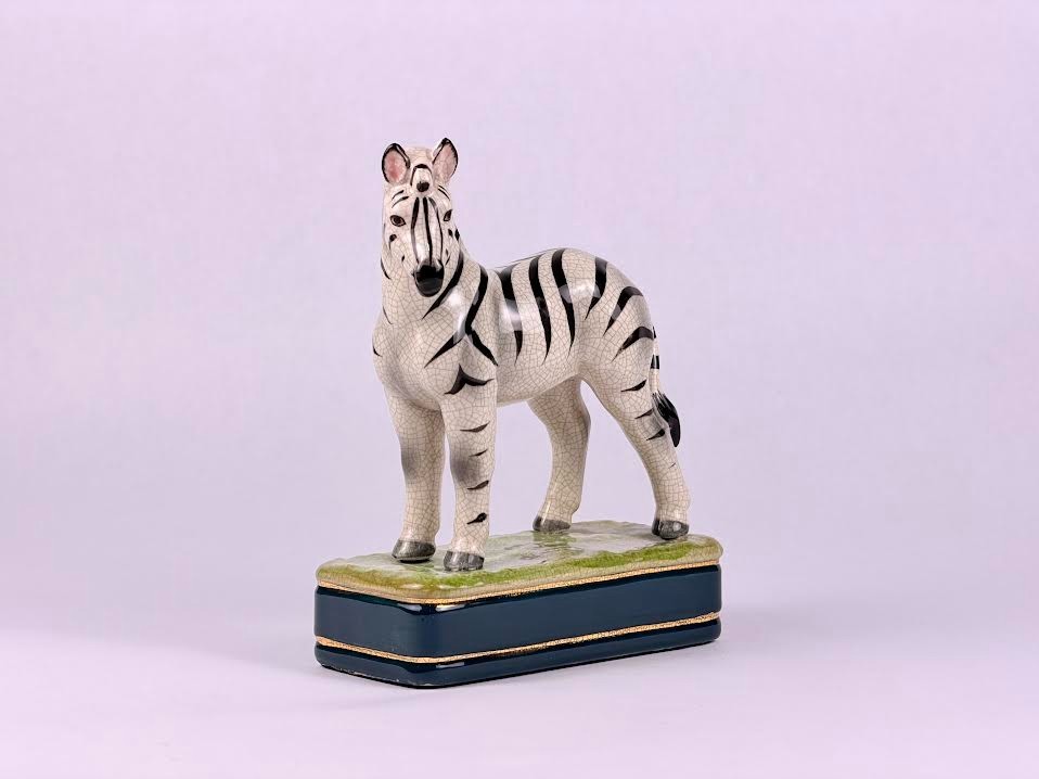 Vintage Mid-Century Japanese Porcelain Zebra Figurine by Takahashi on Blue Base
