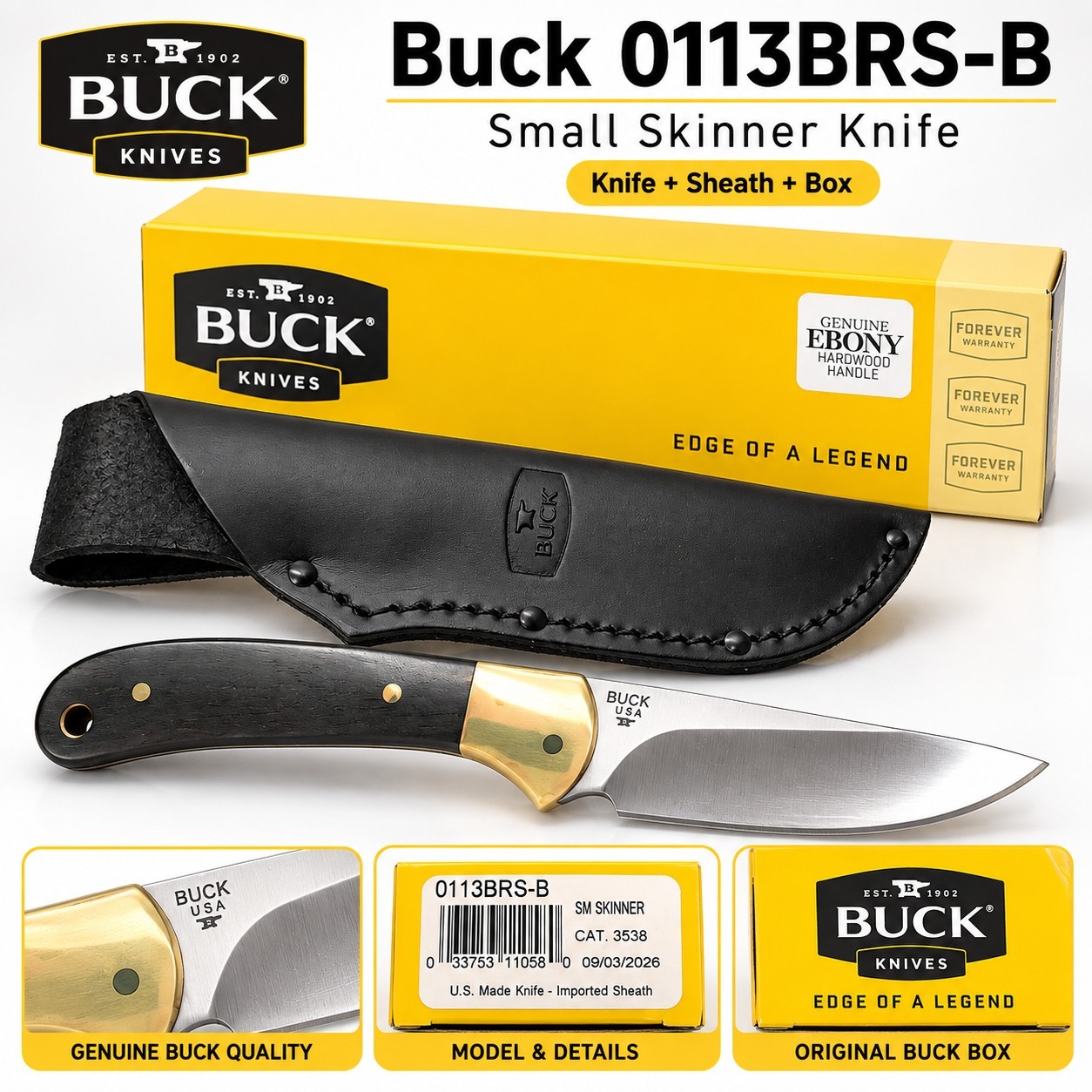 Brand New Buck 113 Ranger Skinner 0113BRS-B Ebony Fixed Blade Knife Sheath