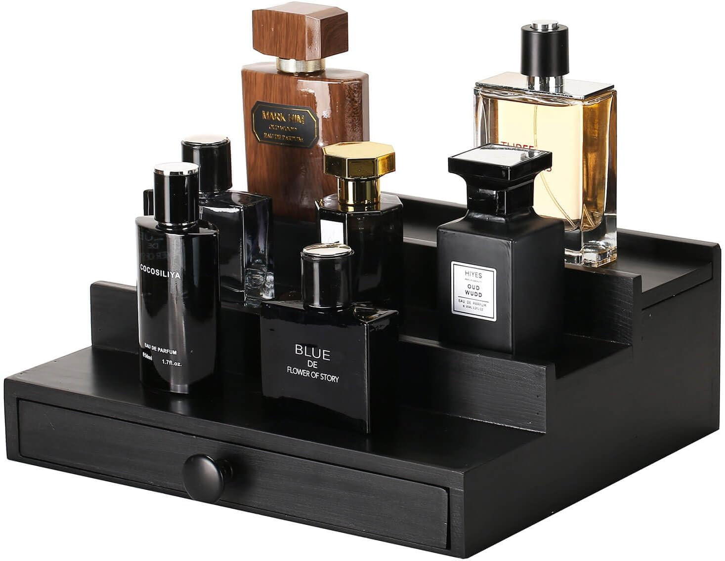 3 Tier Men\'s Cologne Organizer Black Wooden Perfume Display Stand Drawer