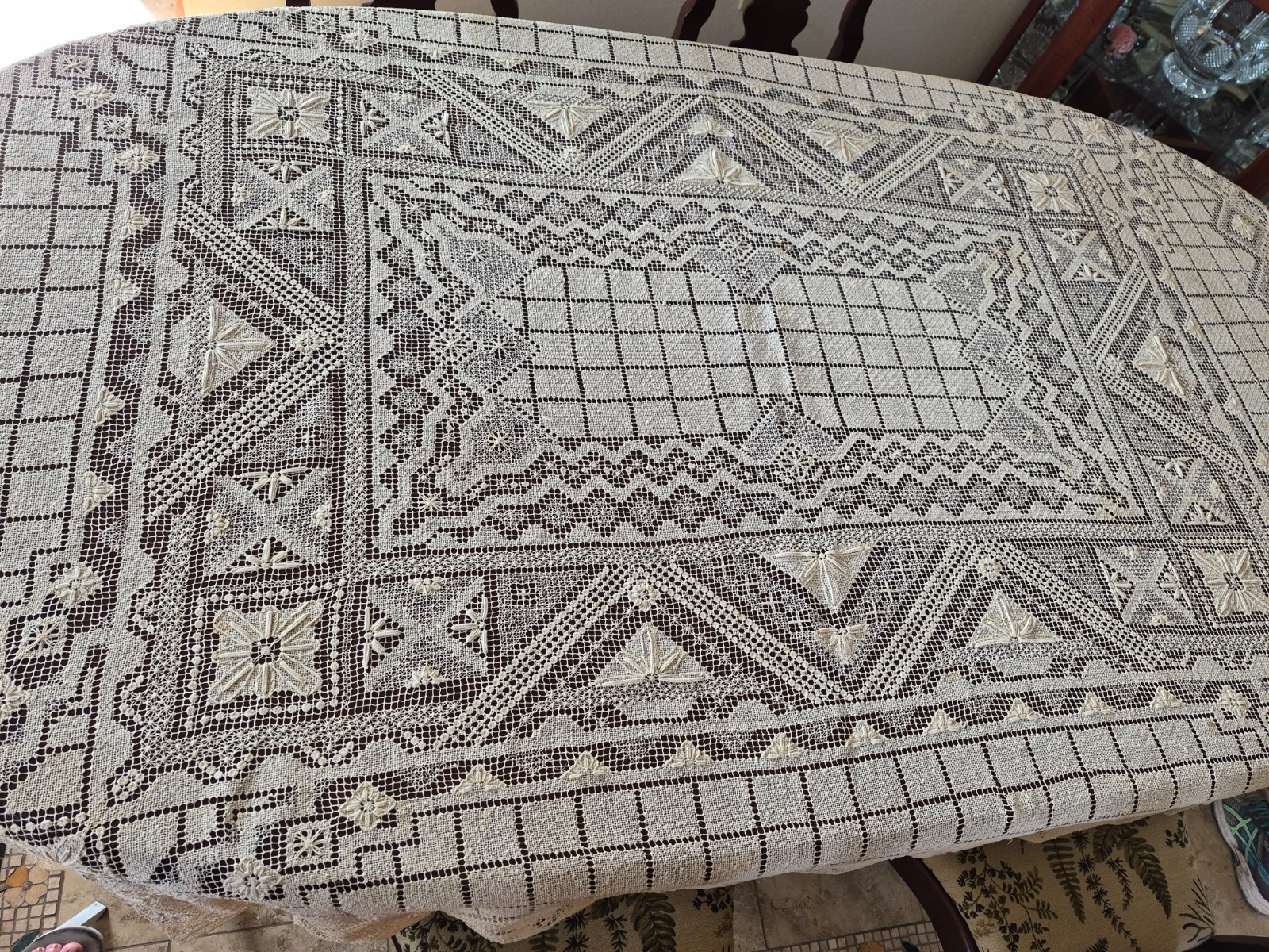 Outstanding Art Deco Filet Lace Hand Crochet Tablecloth, 78