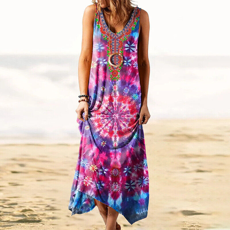 Plus Size Womens Summer Sleeveless Long Maxi Dress Holiday Beach Loose Sundress