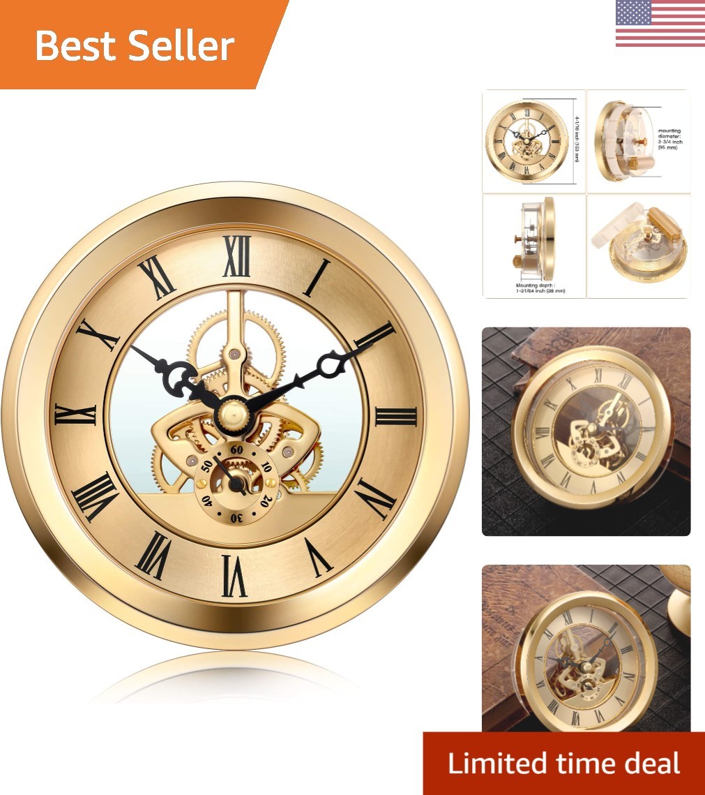 Elegant 4 1/16 Inch Skeleton Clock Insert with Gold Bezel - Analog Design