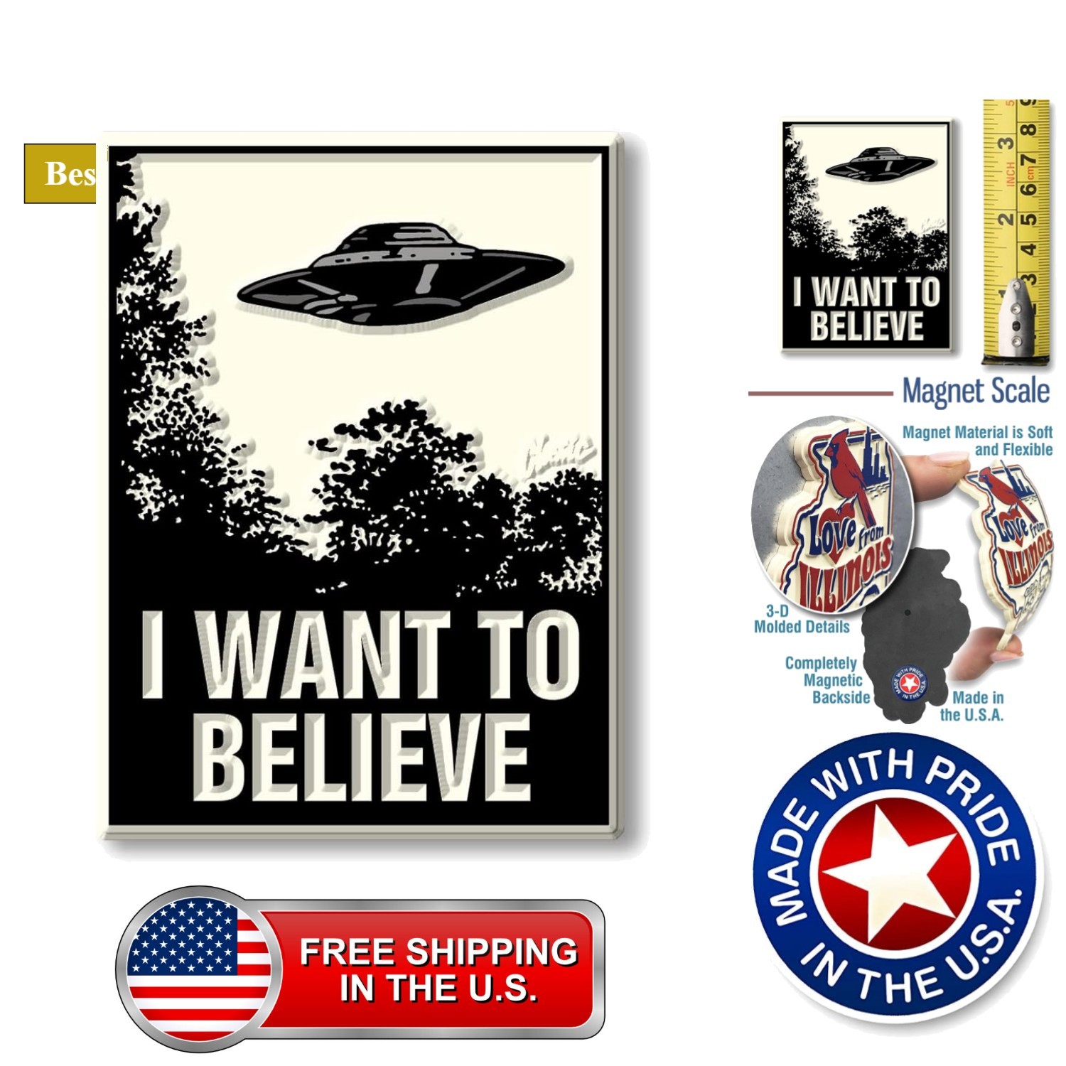 UFO I Want to Believe Magnet by , 3D Rubber Vintage-Style Collectible Gifts M...