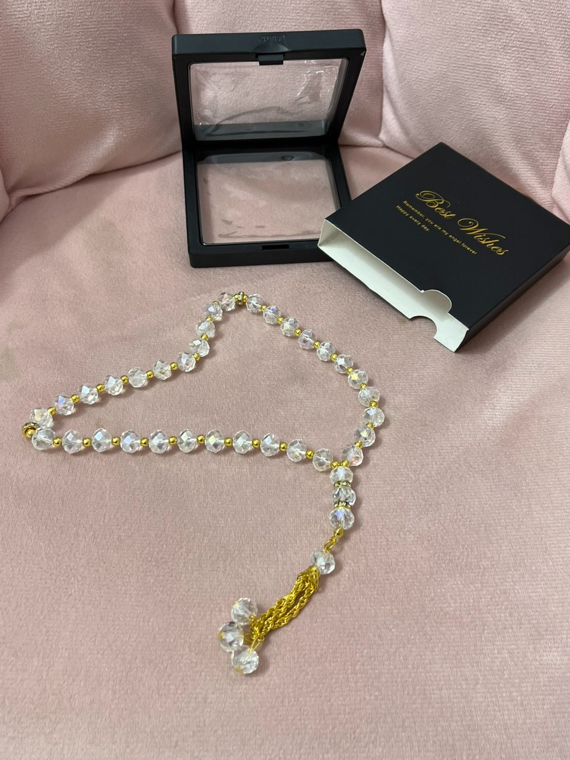 Luxury Clear Crystal Islamic Prayer Beads Misbaha Tasbih Gold Accent Rosary 33