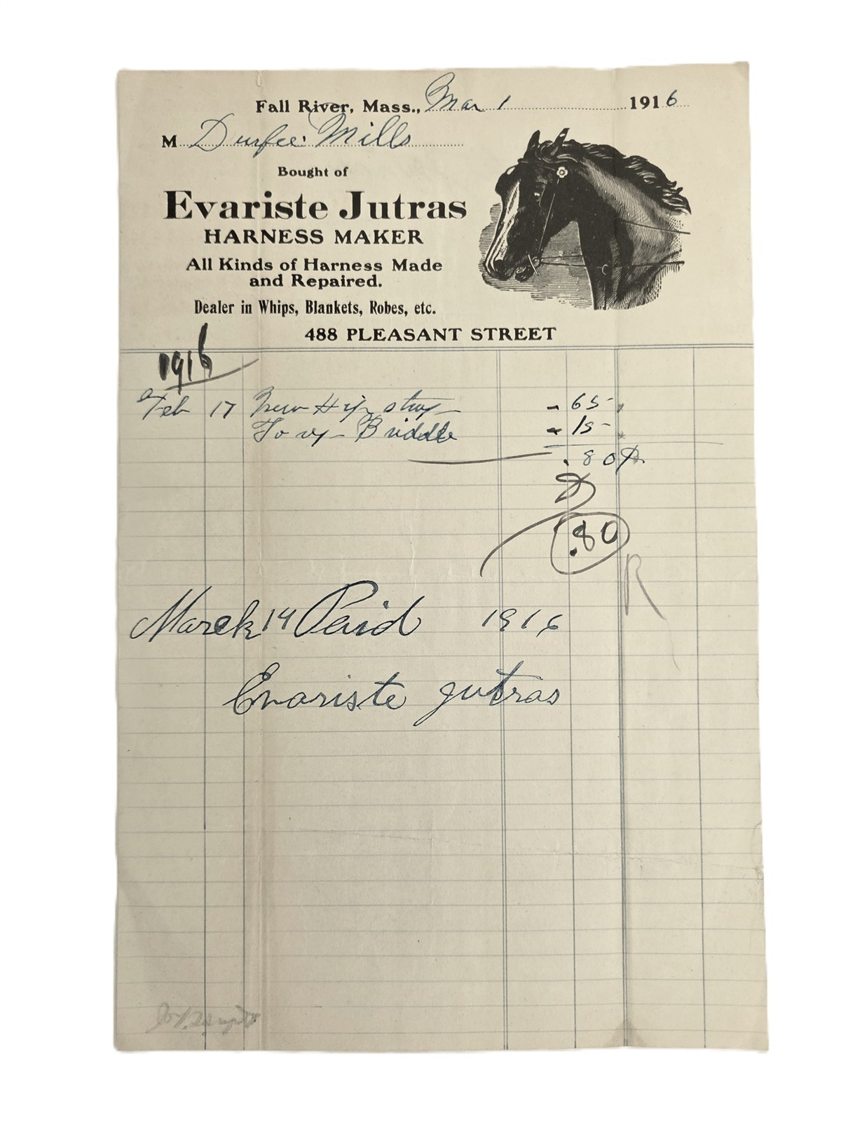 1916 antique EVARISTE JUTRAS fall river ma HORSE HARNESS INVOICE whips blankets