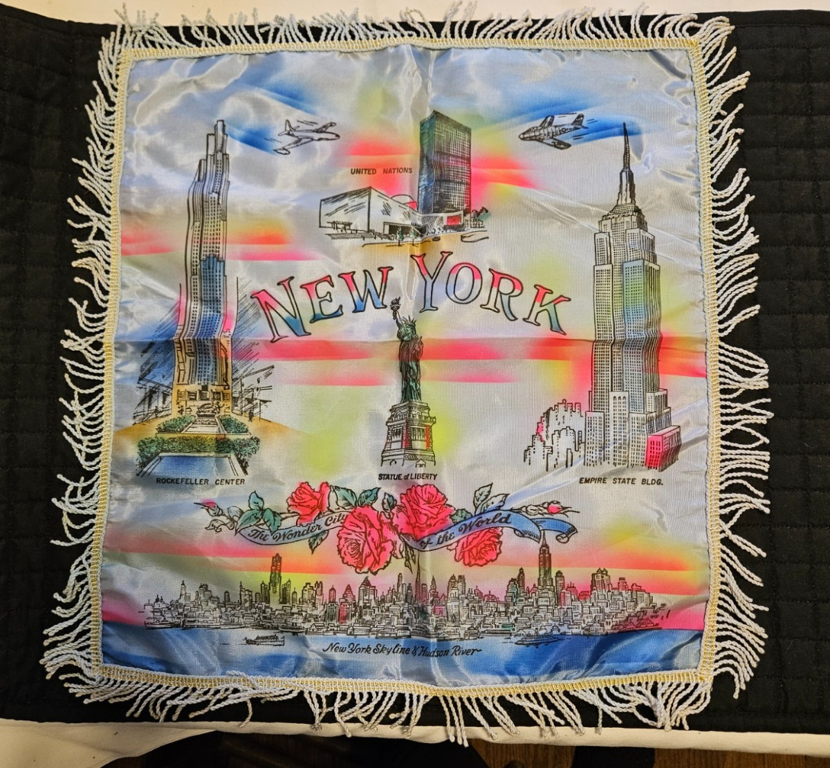 Vintage 1950s New York City Souvenir Satin Pillow Cover - Excellent Condition