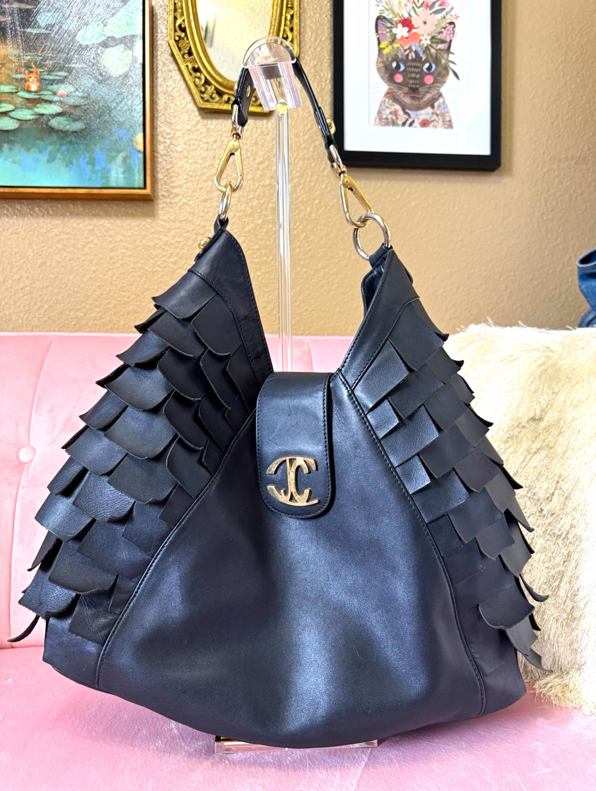Roberto Cavalli Black Leather Fringe Logo Shoulder Bag w Gold Branded Hardware