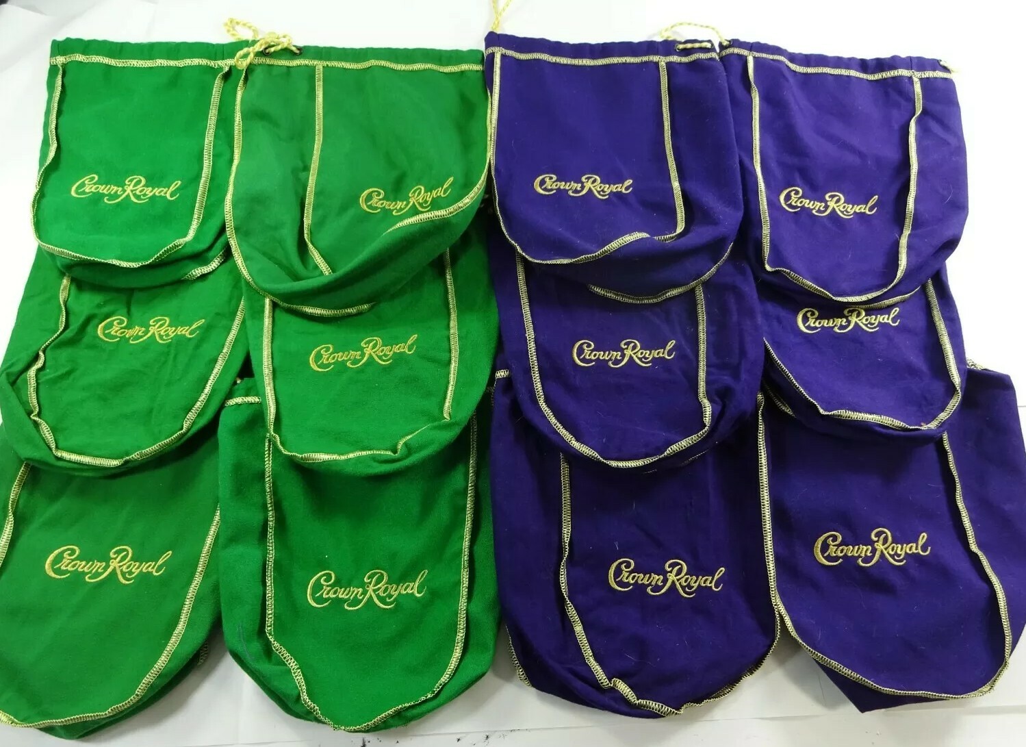 Mixed Lot of 12 Crown Royal Bags 6 Green & 6 Purple 