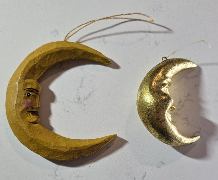 Vintage Style Crescent Moon Face Ornaments Set of 2 Gold Wood Celestial Decor