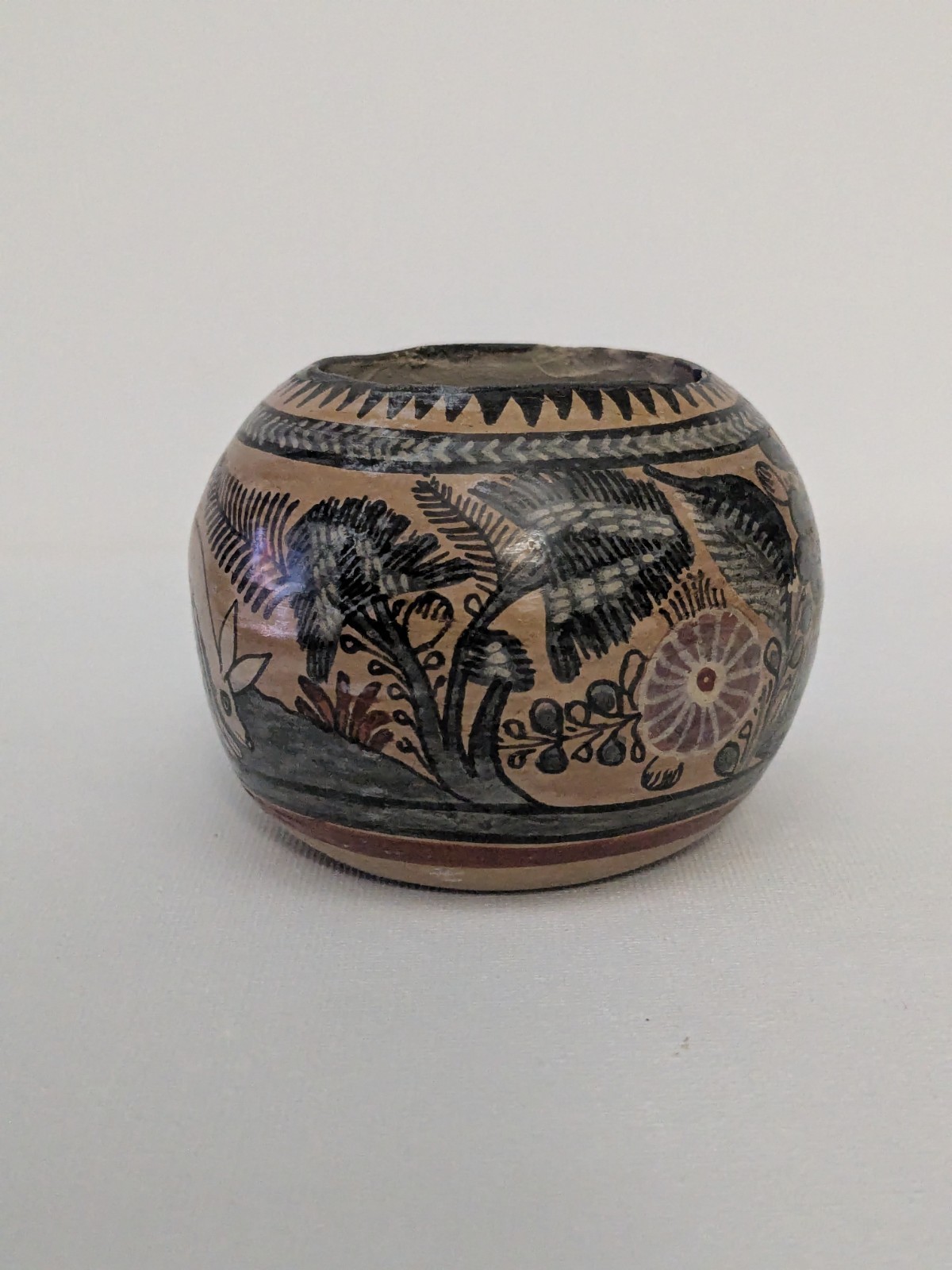 Vintage Tonala Mexico Pottery Vase 2.5” Bird Folk Art Hand Painted