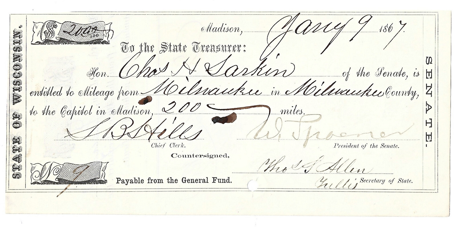 WISCONSIN SCRIP 1867 $200 Abolitionist “Judge” Spooner Signed Senate Draft WISCONSIN SCRIP 1867 $200 Abolitionist “Judge” Spooner Signed Senate Draft